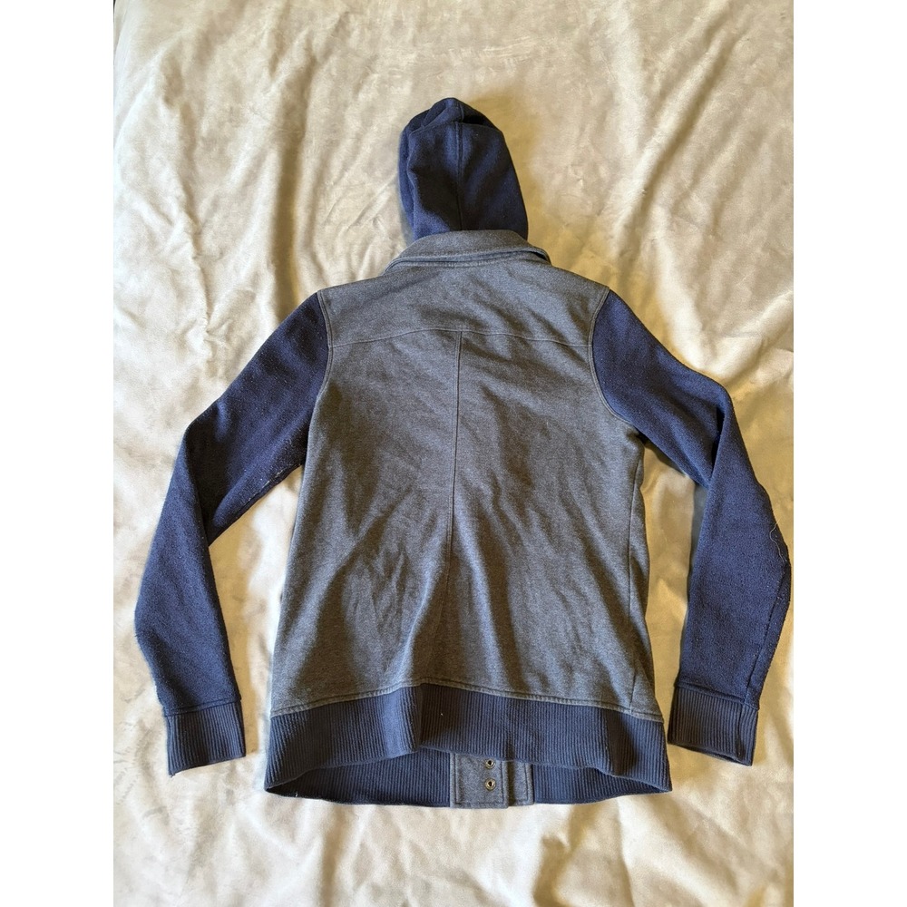 REI Women's Medium Grey Navy Blue Mixed Media Snap Front Hooded Utility Jacket - Picture 2 of 3